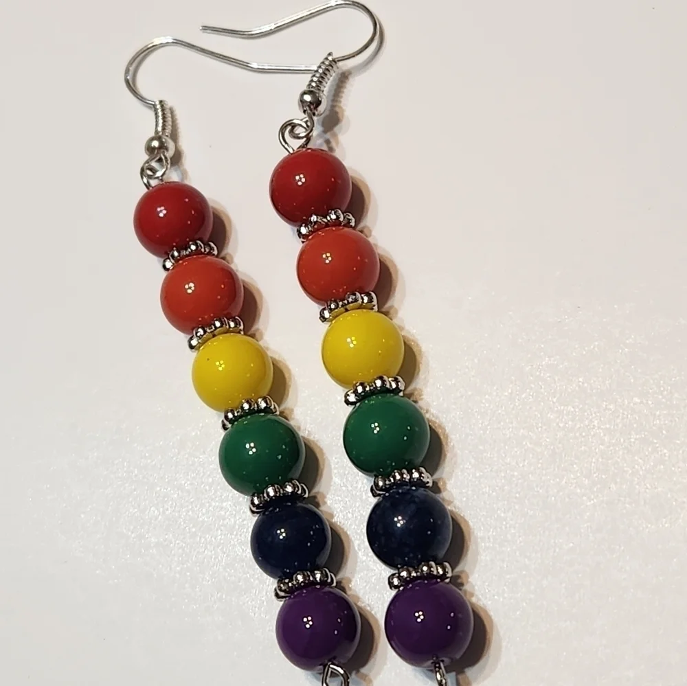 Hand Crafted LGBTQ+ Pierced Earrings Colorful Beaded Dangle Rainbow